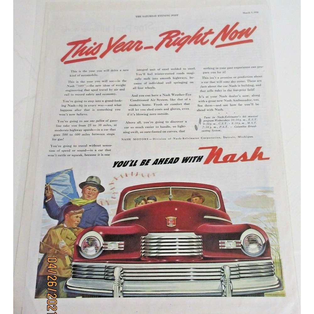Vintage 1946 Nash Automobile Print Ad Red Car This Year Right Now Saturday Post